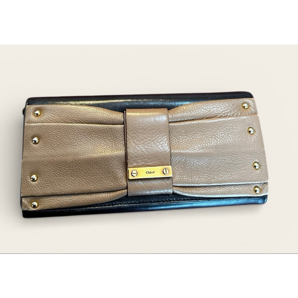 Chloé Black and Taupe Leather Bow Long Flap Wallet
